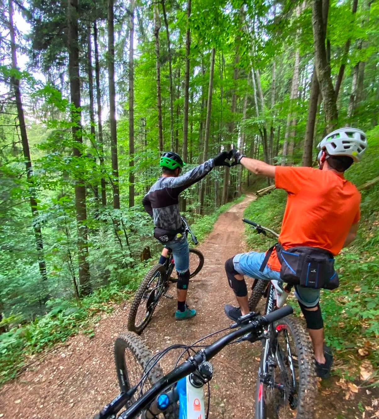 Close-up of mountain bike on a dirt trail